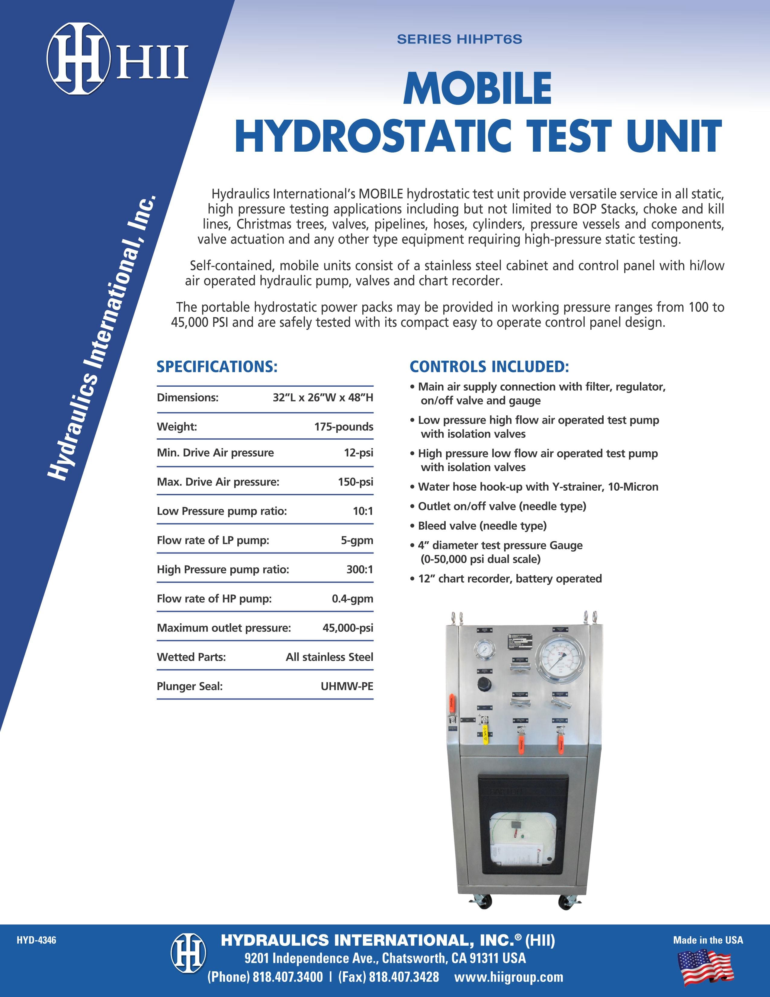 Mobile and stationary hydrostatic test unit series HIHPT6S
