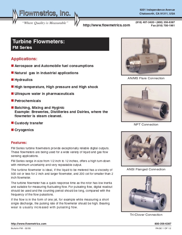 Flowmetrics turbine flowmeters FM series