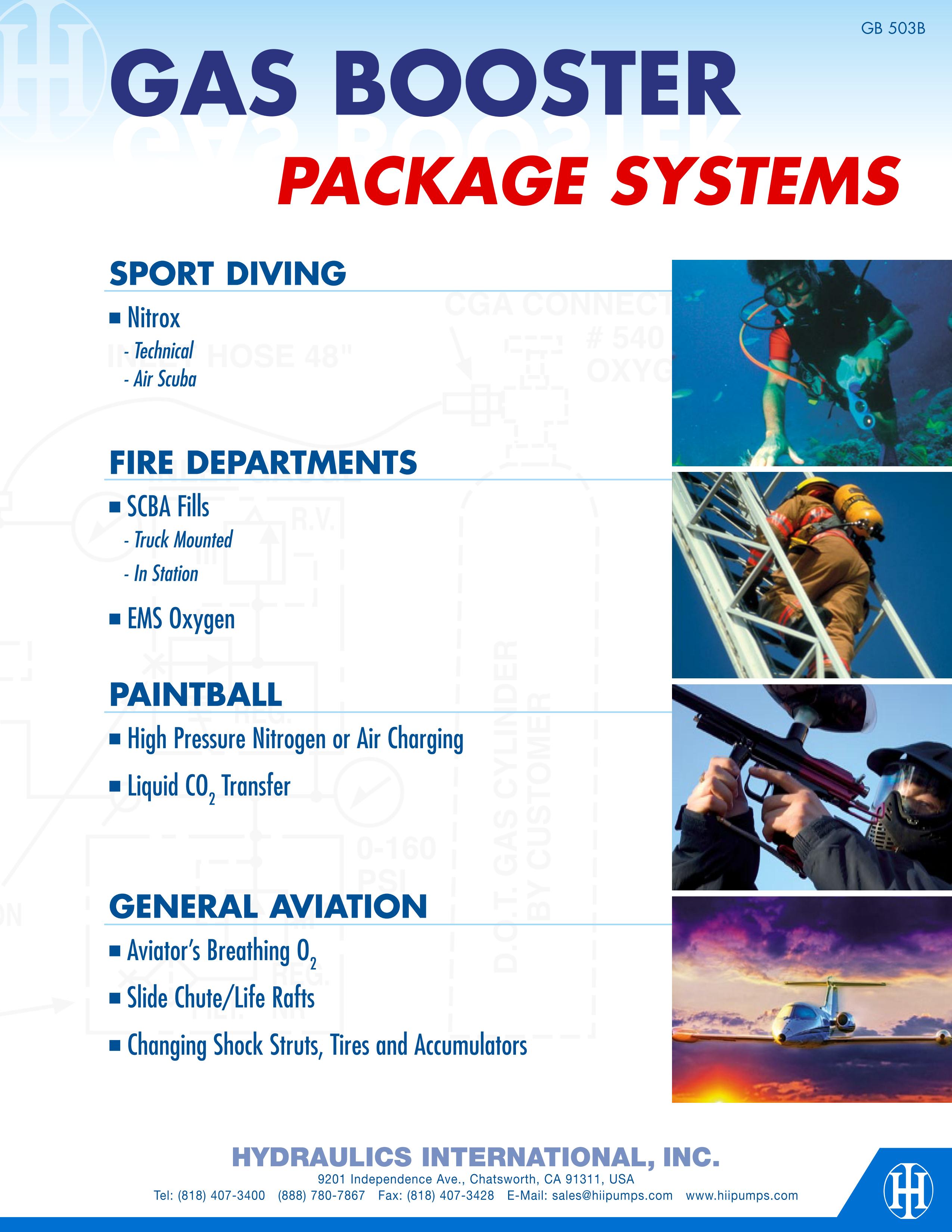 Gas booster package systems for sport diving, fire departments, paintball, general aviation